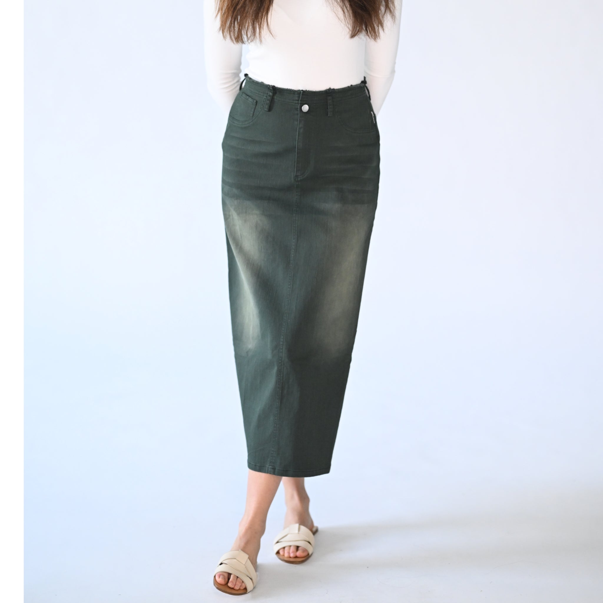 Jessica London Women's Plus Size True Fit Front Button Casual Denim Skirt -  36 W, Dark Olive Green : Target