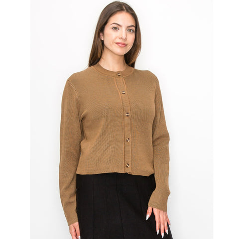 Camel Rib Solid Crop Cardigan