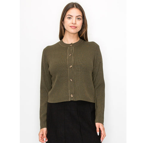 Olive Rib Solid Crop Cardigan