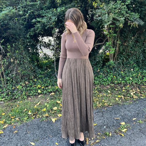 Taupe Knit Contrast Fabric Maxi Dress