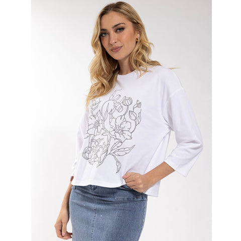 Floral Outline Graphic Tee White