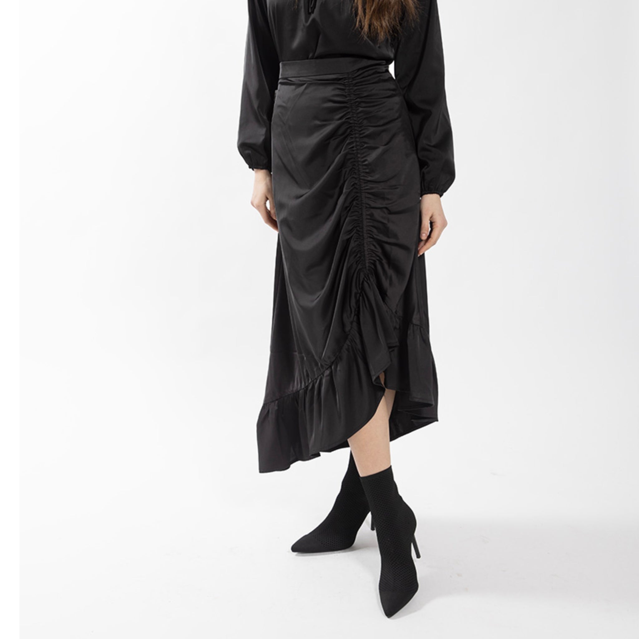 Satin Ruched Skirt Black The Mimi Boutique