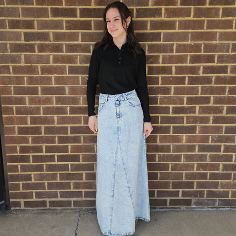 Blue Wash Denim Maxi Skirt by Ivee