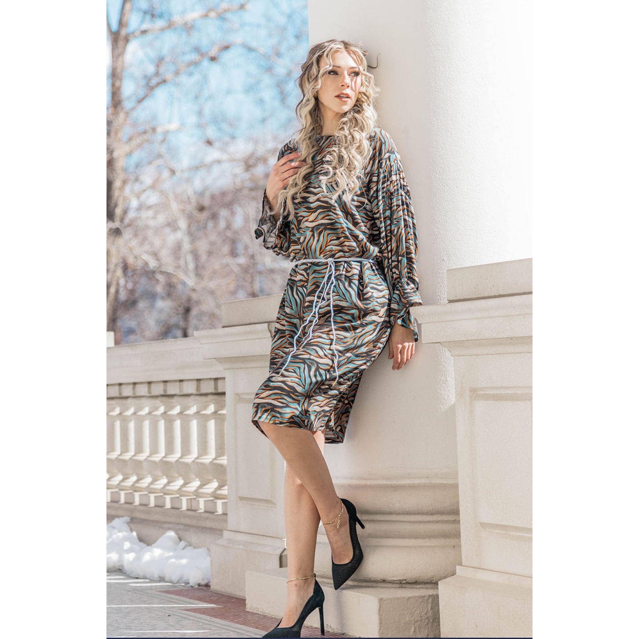 BLUM - Business formal with style. This clean straight-cut dress features  short sleeves and a boat neckline. A cinched waist that carves a flattering  silhouette. Featuring an attached waistband and lace trims